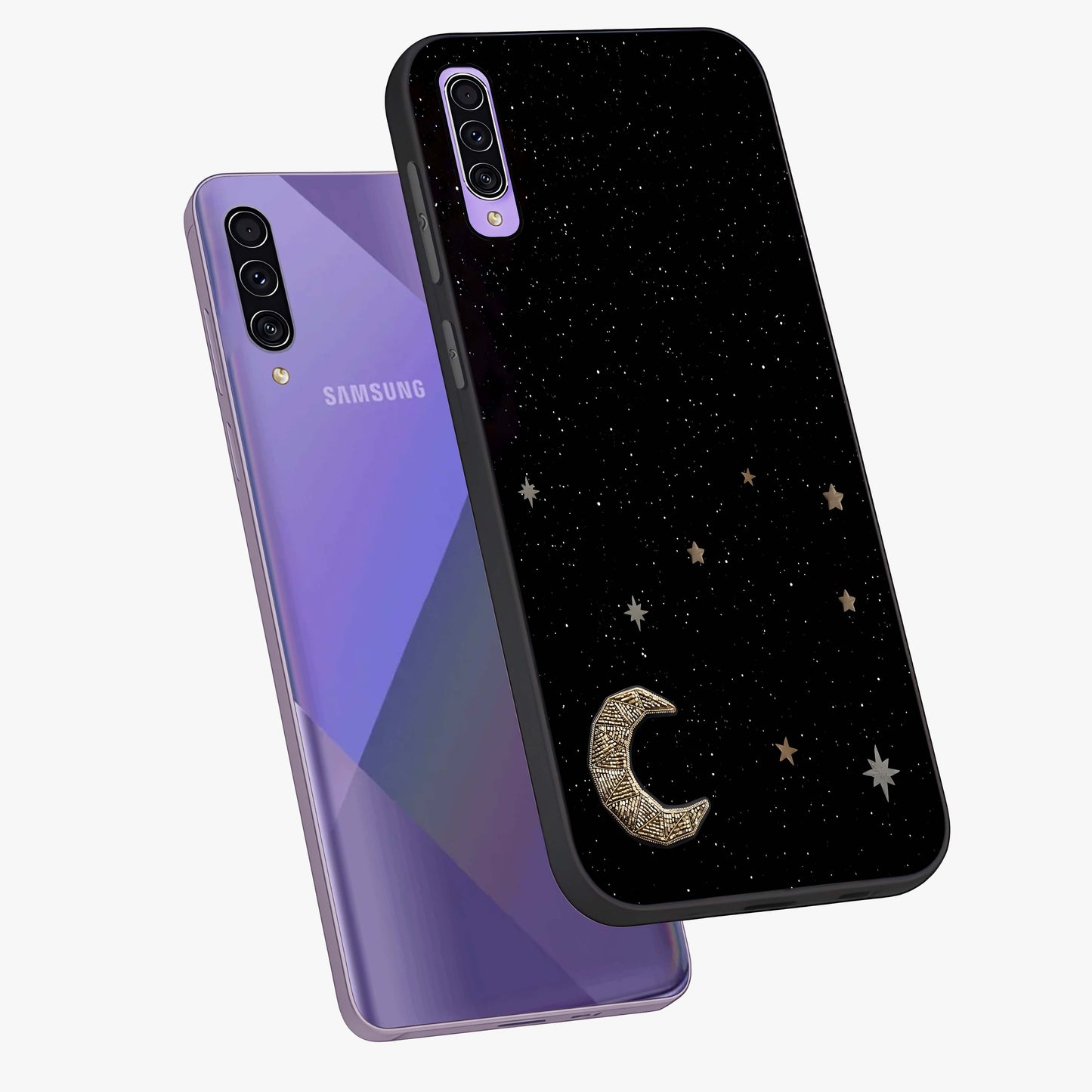 Twinkle Star With Half Moon Glass Case displayed in angled mockup highlighting celestial moon and star design with magical aesthetic.
