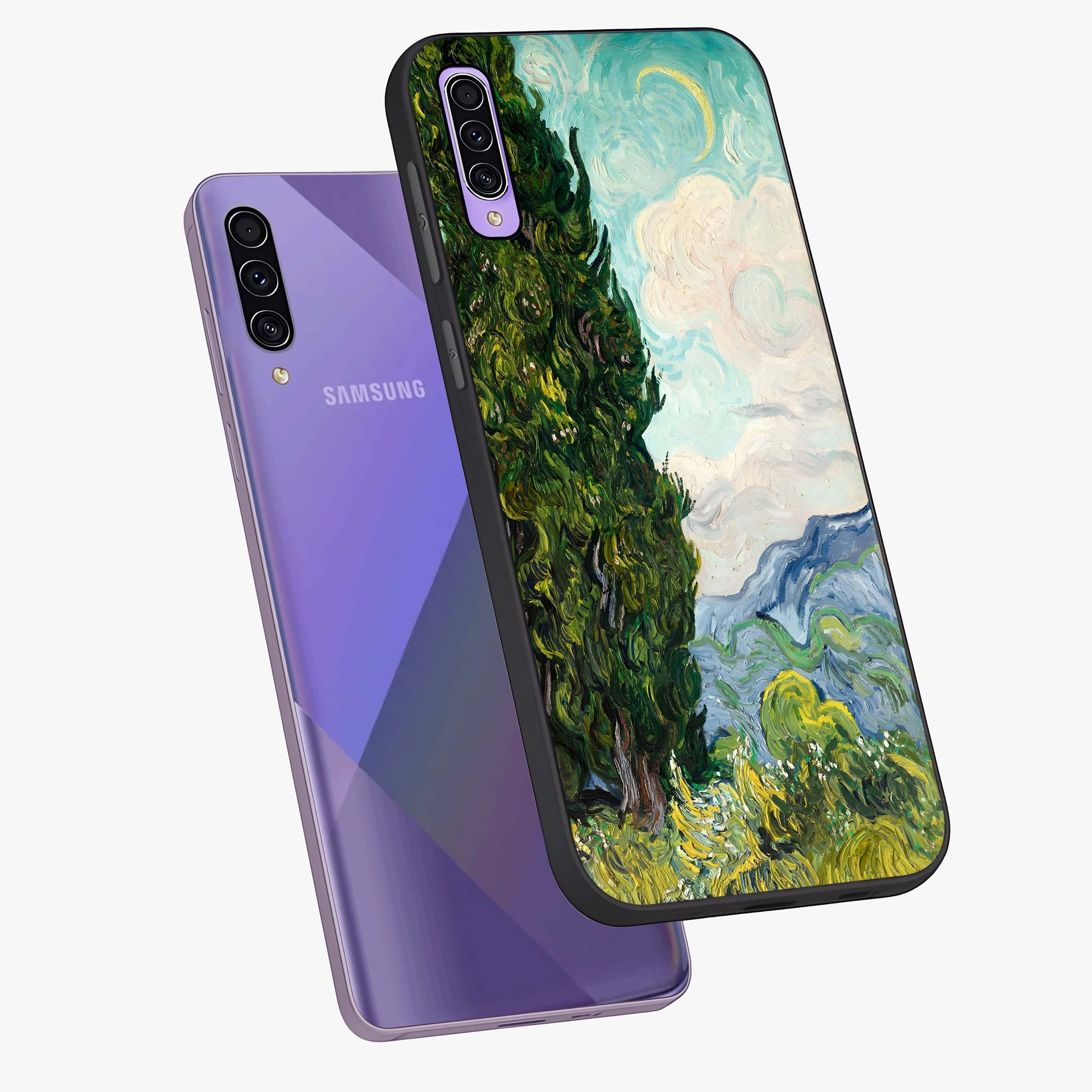 Van Gogh Vintage Art Glass Case displayed in angled mockup highlighting textured brushstroke design with classic aesthetic.