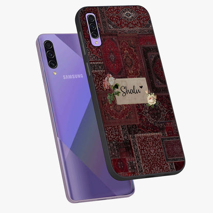 Velvet Wine Pattern Custom Name Glass Case displayed in angled mockup highlighting decorative velvet inspired design with custom name feature.