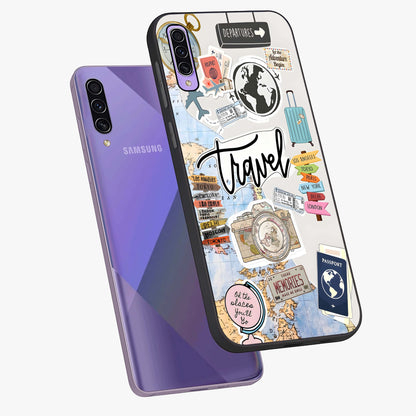 Wanderlust Journal Glass Case displayed in angled mockup highlighting adventure themed design with aesthetic travel vibe.
