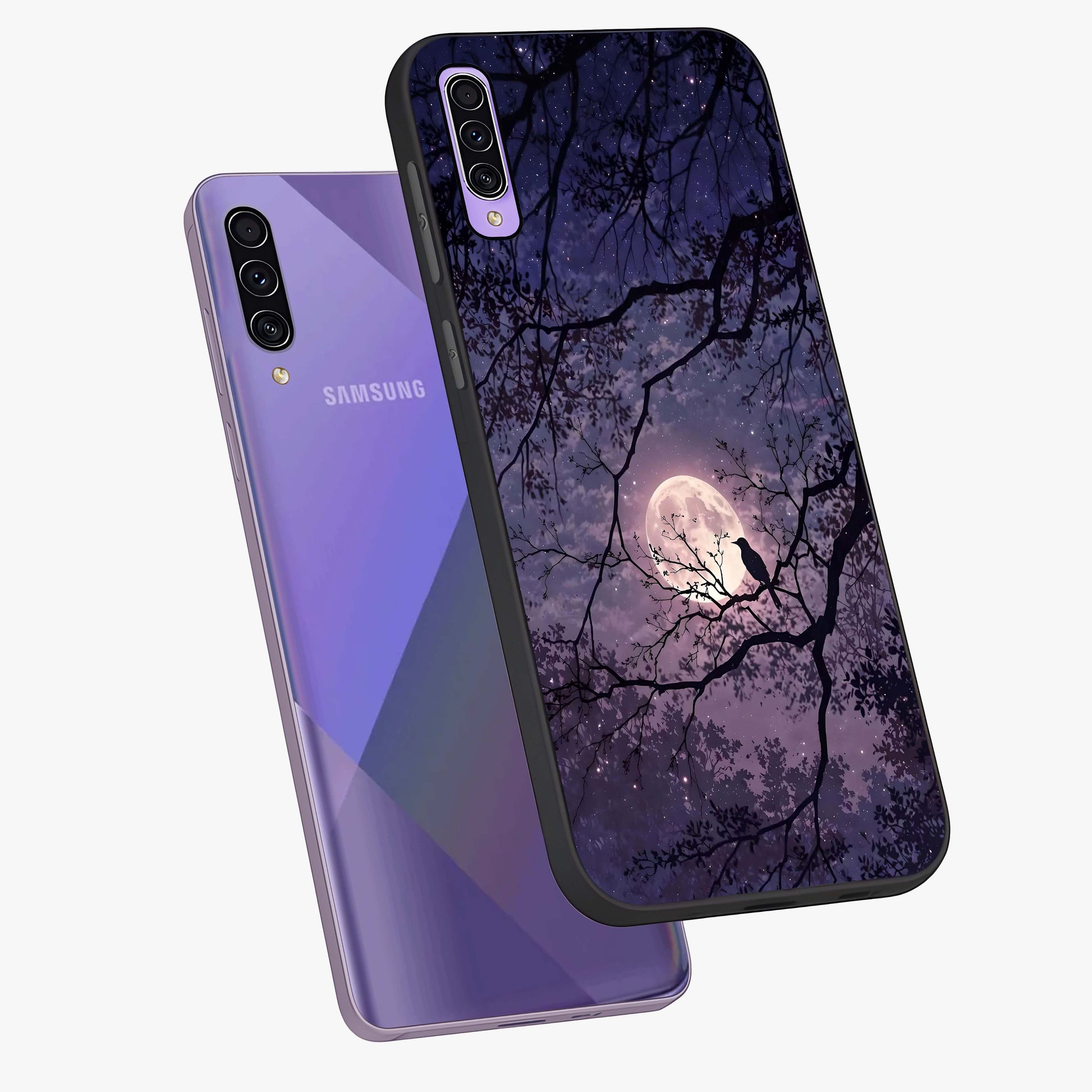 Whispering Moon Silence Glass Case displayed in angled mockup highlighting calm lunar design with dreamy night aesthetic.