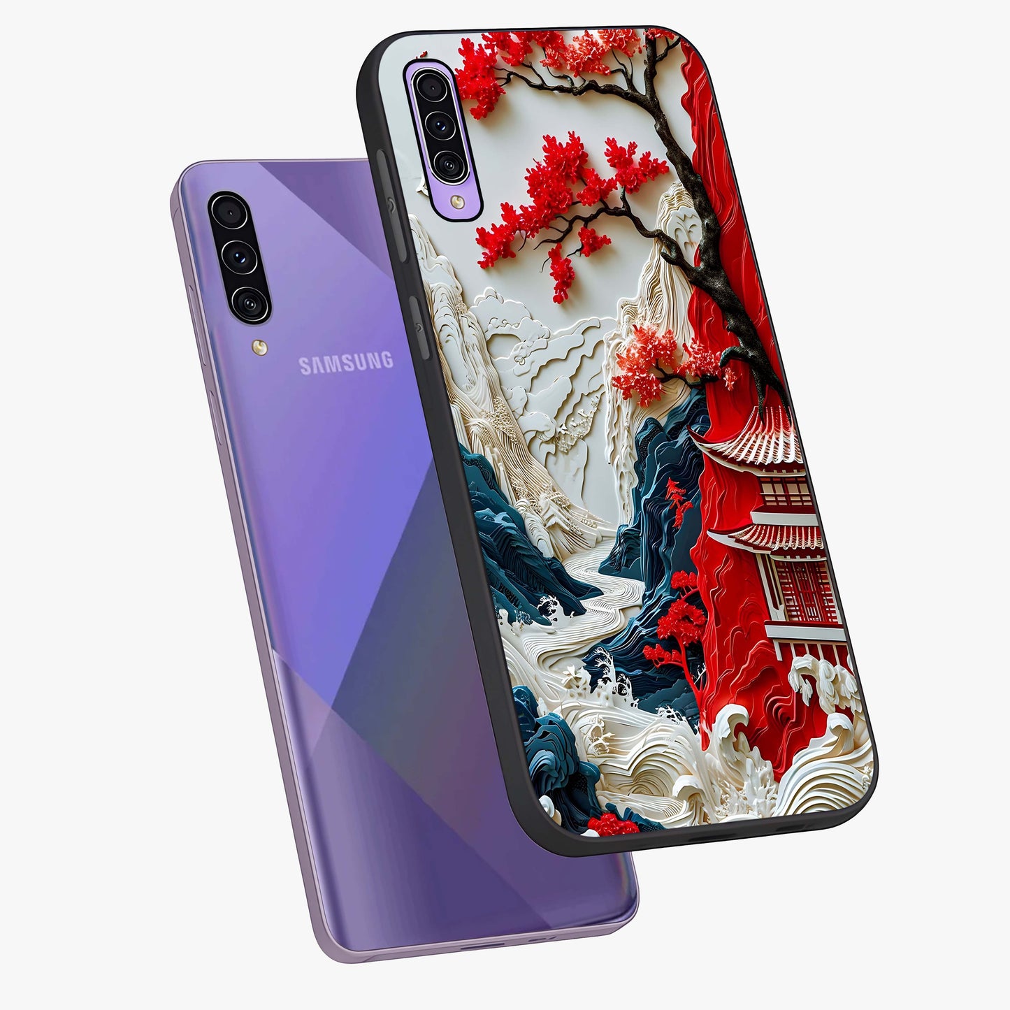 Whispers Of Sakura Waves Glass Case displayed in angled mockup highlighting flowing sakura design with soft floral aesthetic.