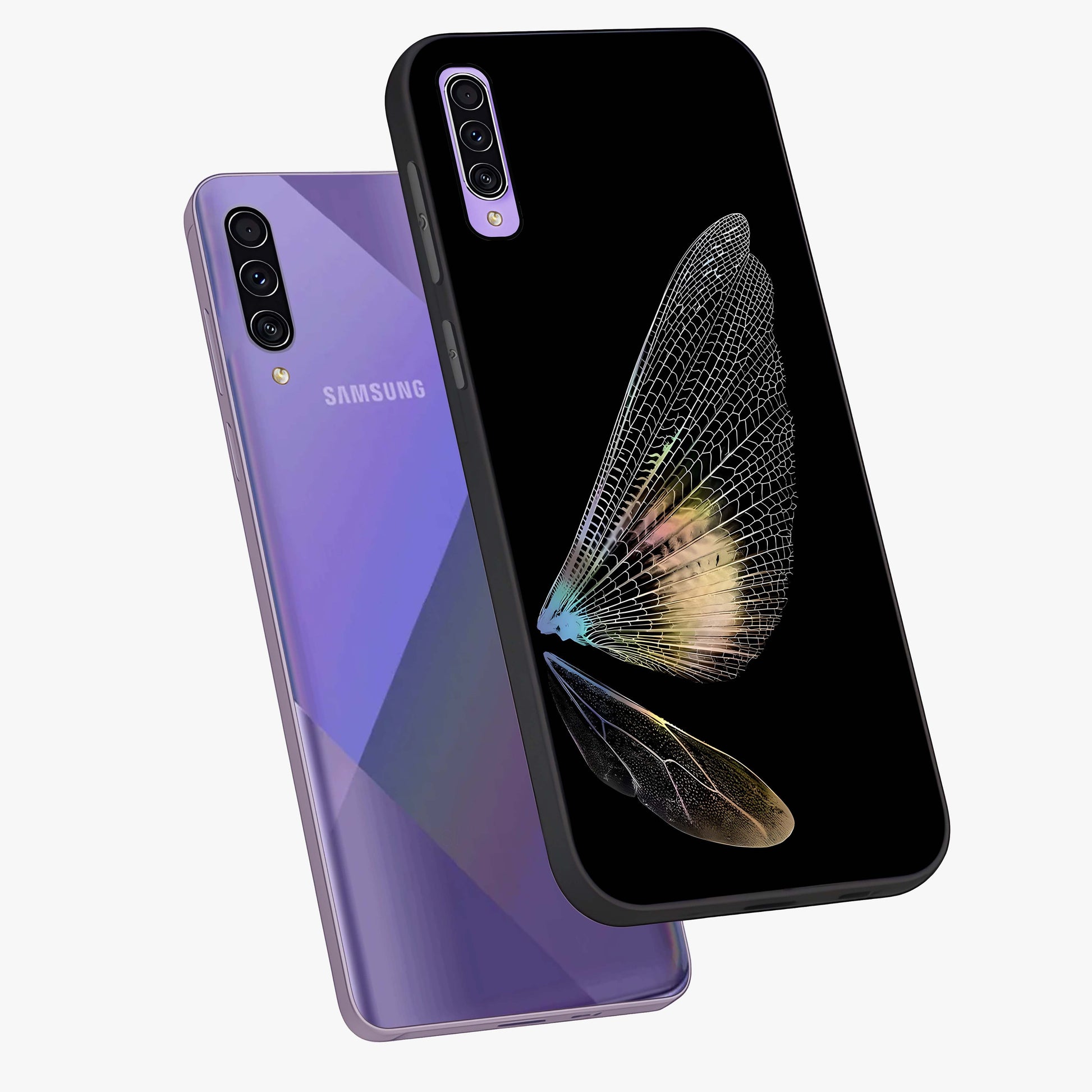 Whispers Of Wings Glass Case displayed in angled mockup highlighting soft feather design with celestial aesthetic style.