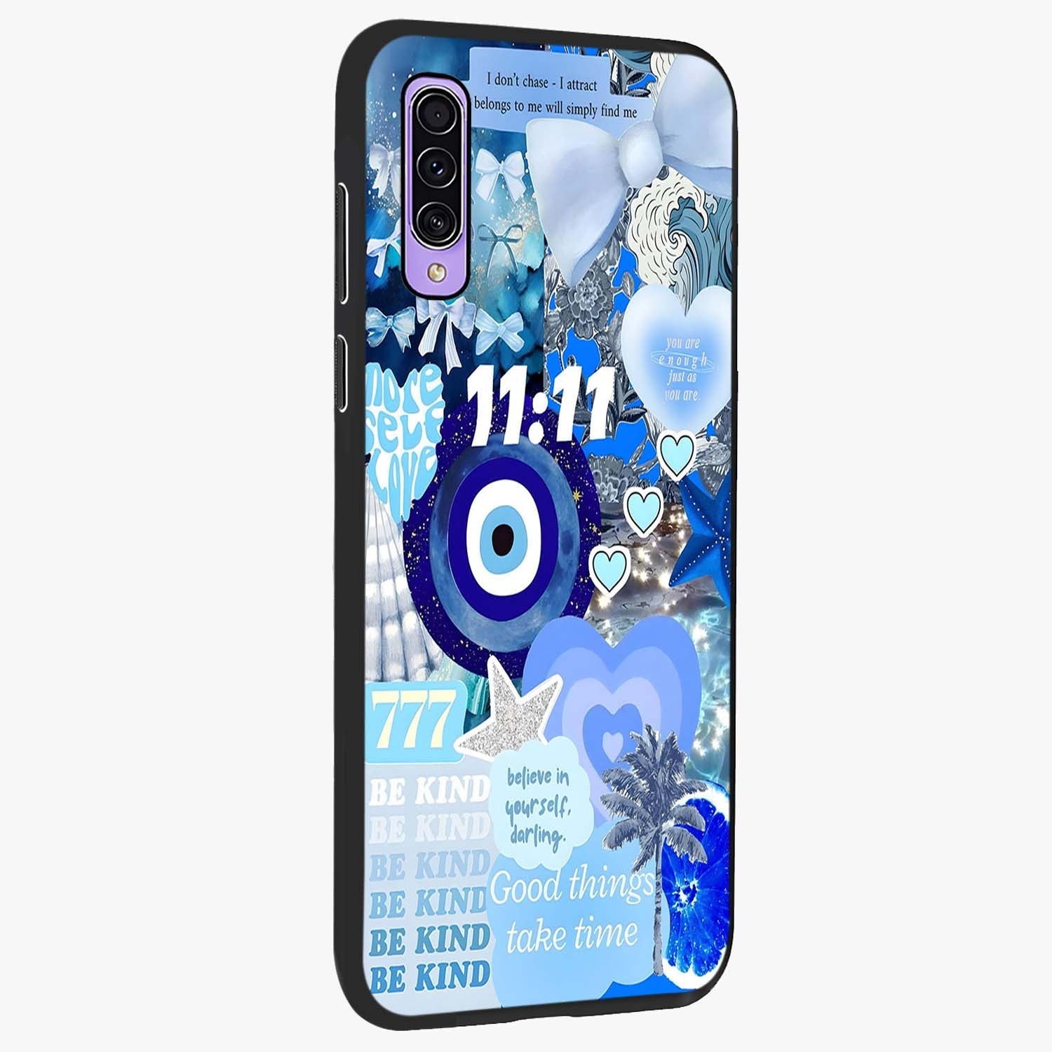 Aesthetic Be Kind Eye Glass Case upright view showcasing stylish eye illustration with positive message theme.