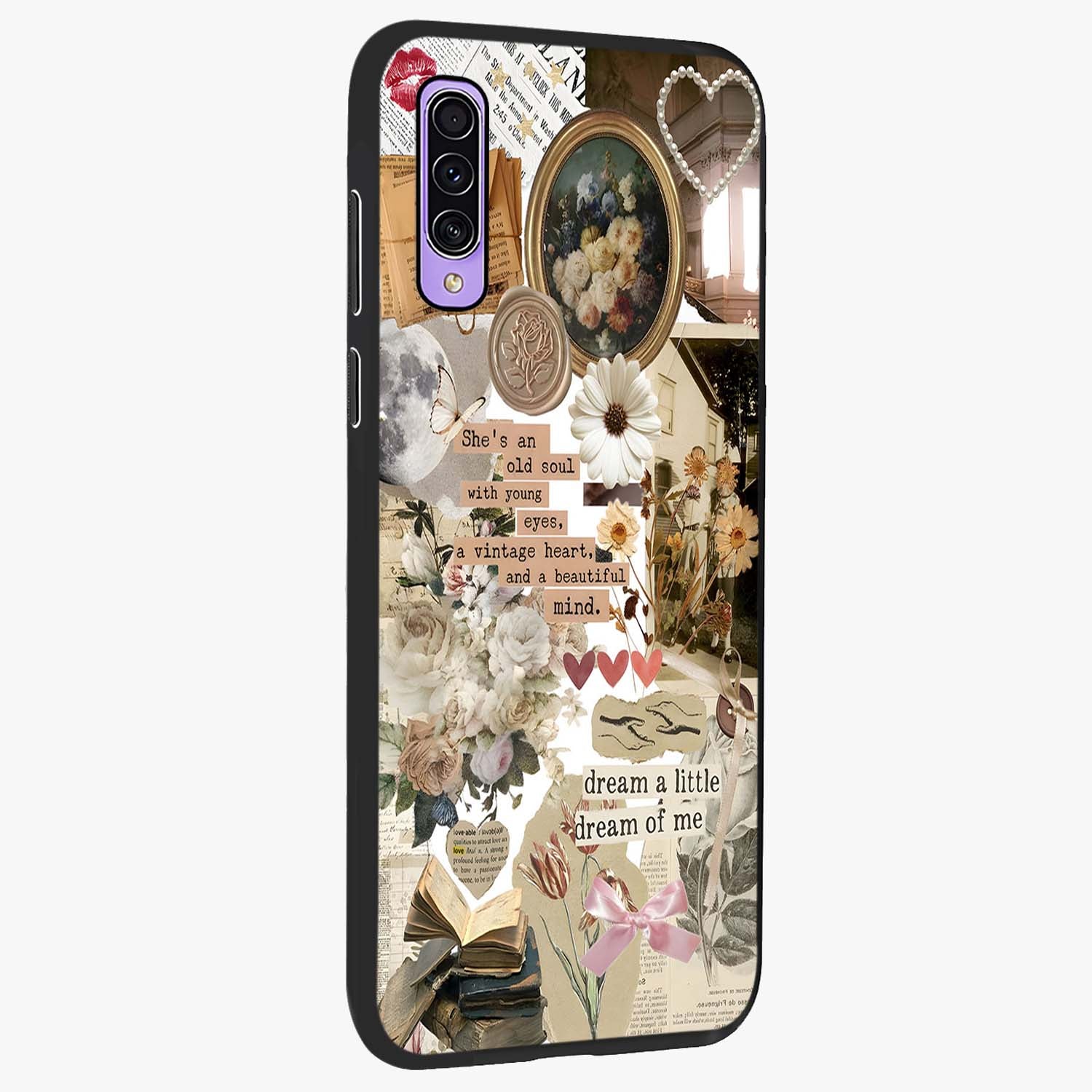 Aesthetic Brown Vintage Collage Glass Case upright view showcasing nostalgic retro artwork with stylish vintage theme.