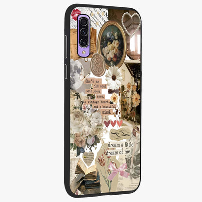 Aesthetic Brown Vintage Collage Glass Case upright view showcasing nostalgic retro artwork with stylish vintage theme.