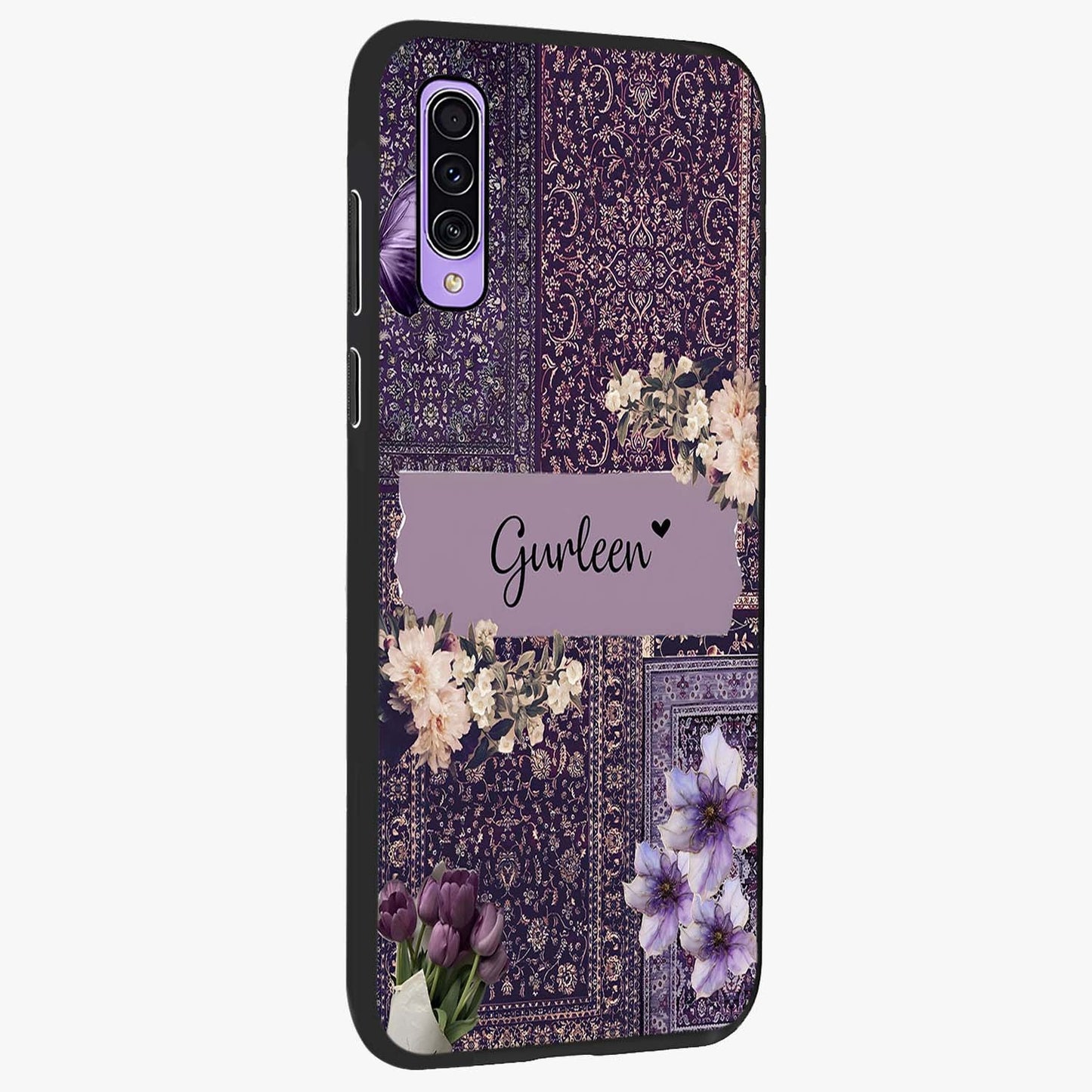 Antique Floral Whisper Custom Name Glass Case upright view showcasing delicate floral artwork with custom name feature.