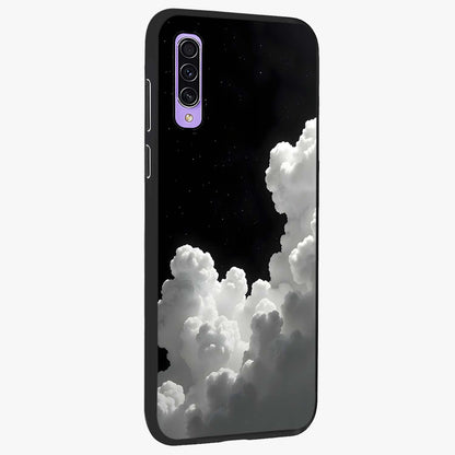 Black Background With White Cloud Glass Case upright view showcasing calm cloud aesthetic with modern minimal style.