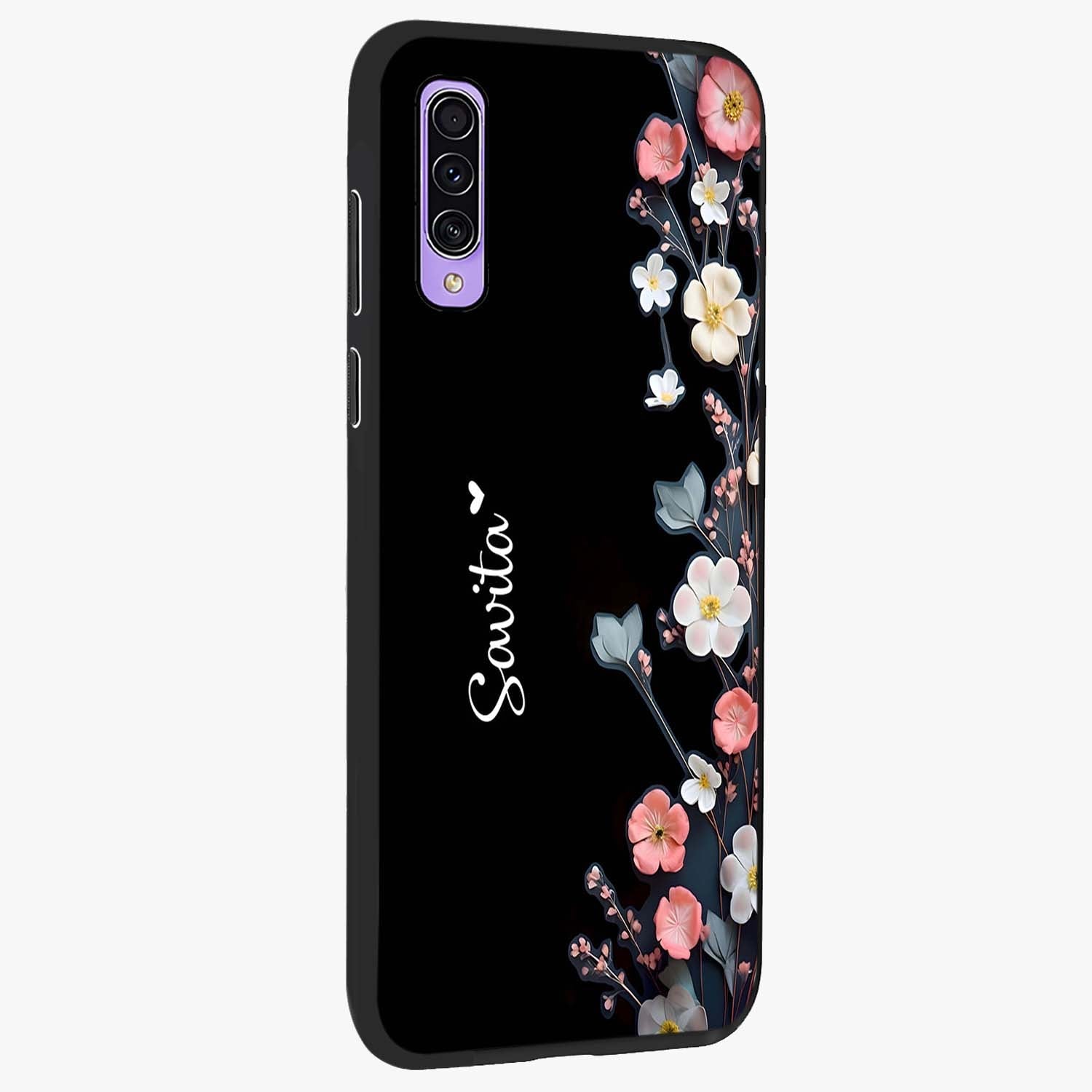 Black Elegance Floral Custom Name Glass Case upright view showcasing luxurious black floral design with personalized name detail.