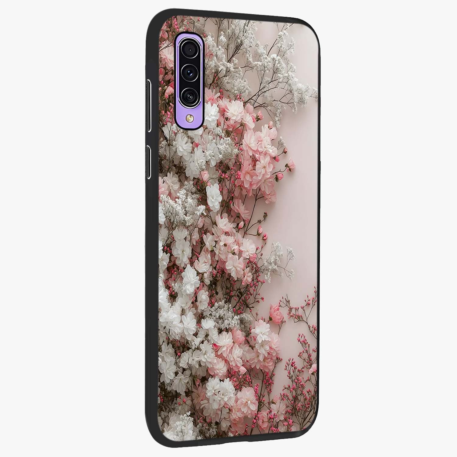 Blush Blossom Cloud Glass Case upright view showcasing calm floral cloud artwork with gentle dreamy theme.