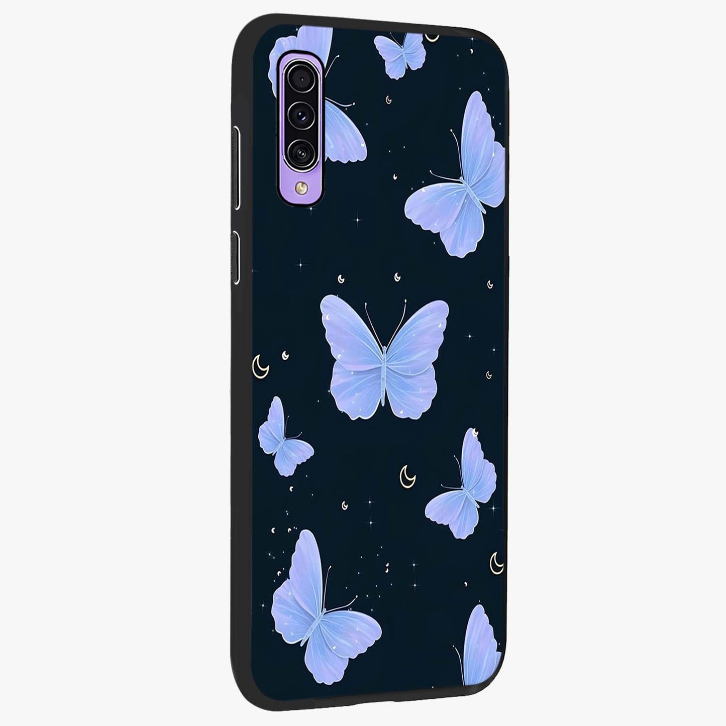 Butterfly With Stars Pattern Glass Case upright view showcasing celestial butterfly artwork with sparkling star elements.