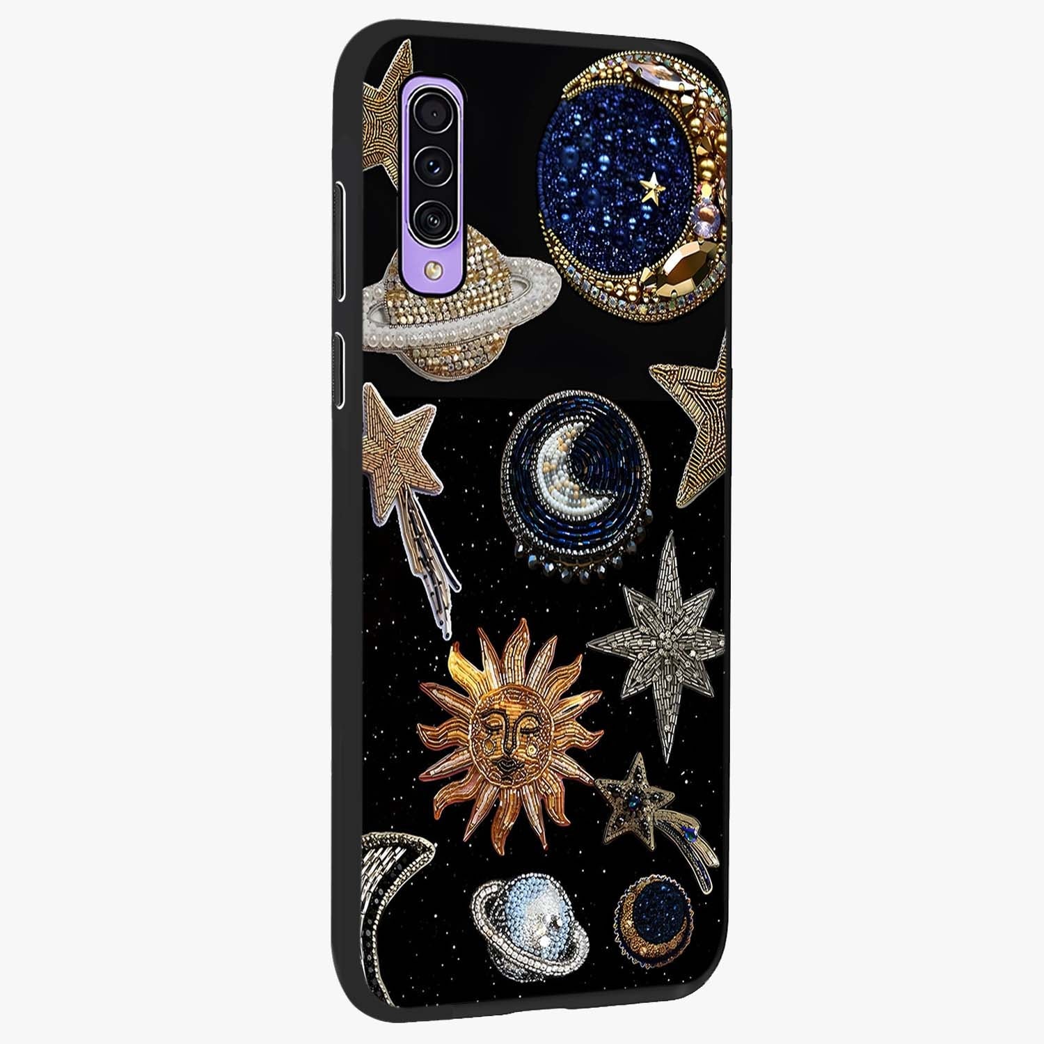 Celestial Gem Constellations Glass Case upright view showcasing cosmic constellation artwork with celestial aesthetic style.