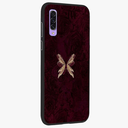 Crimson Fade Butterfly Glass Case upright view showcasing graceful butterfly artwork with soft crimson fade effect.