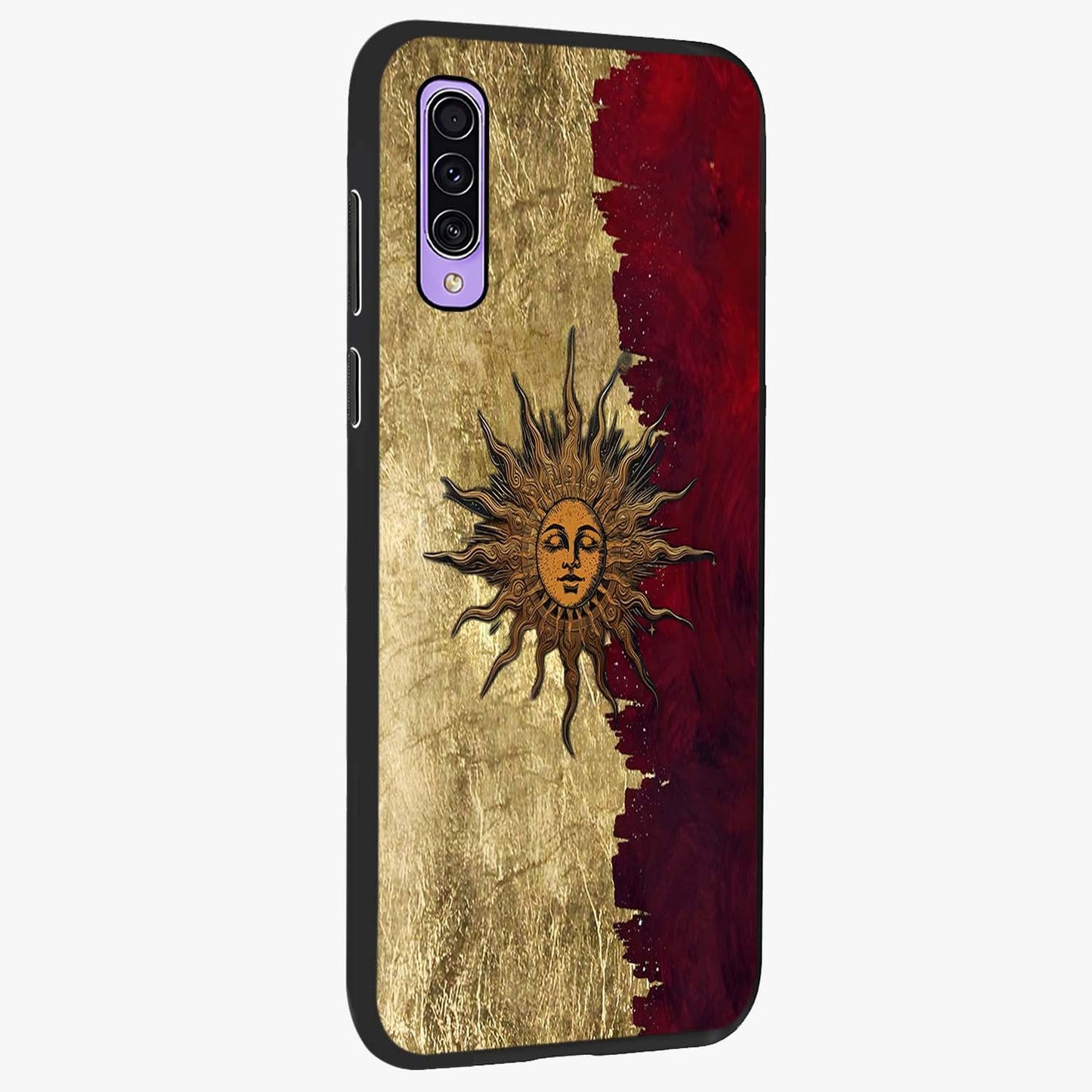Crimson Sun Majesty Glass Case upright view showcasing vibrant sun artwork with powerful celestial theme.