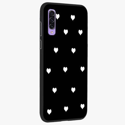 Cute And Simple White Hearts Glass Case upright view showcasing simple white hearts artwork with soft minimal theme.