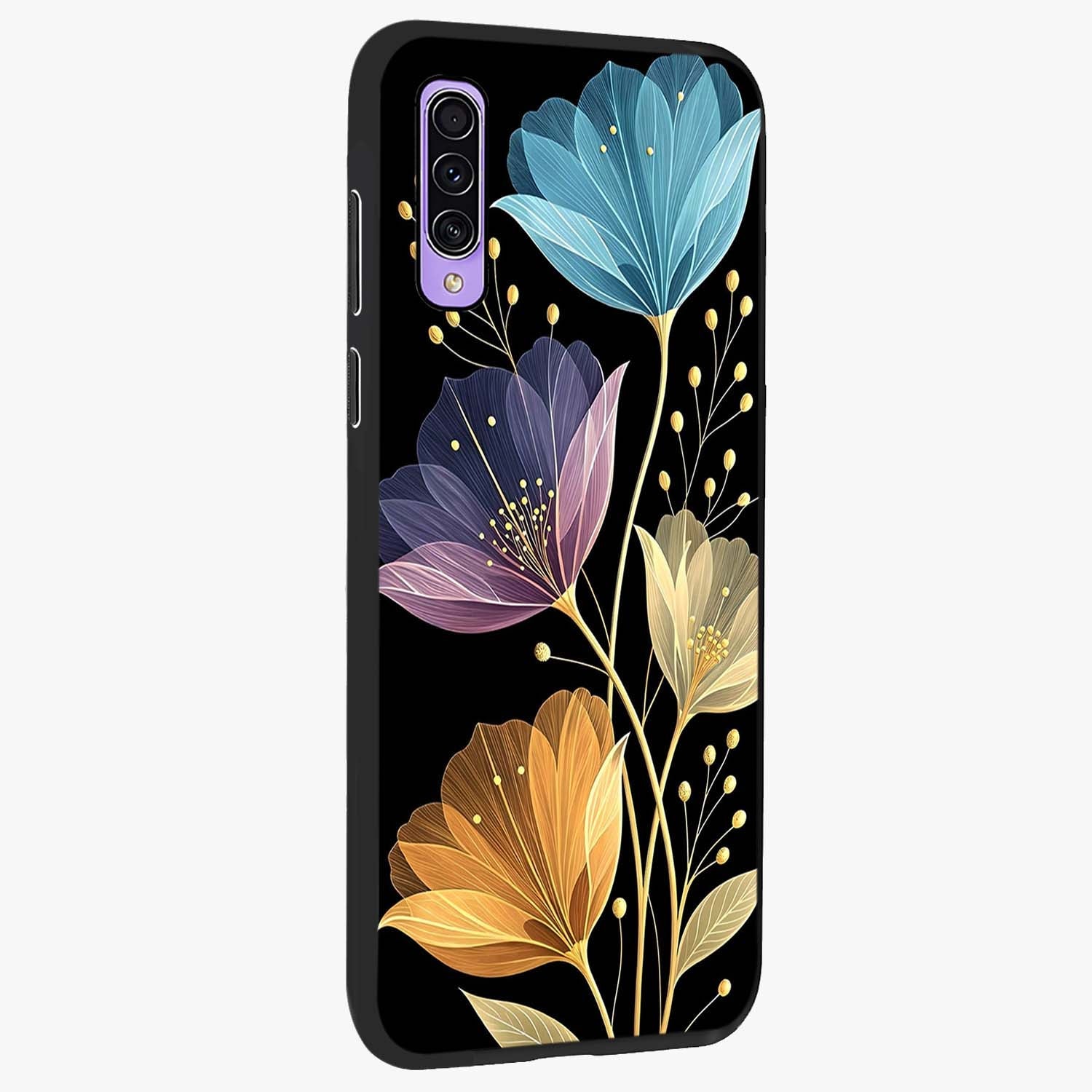 Delicate Multicolor Flowers Glass Case upright view showcasing delicate floral artwork with bright botanical theme.