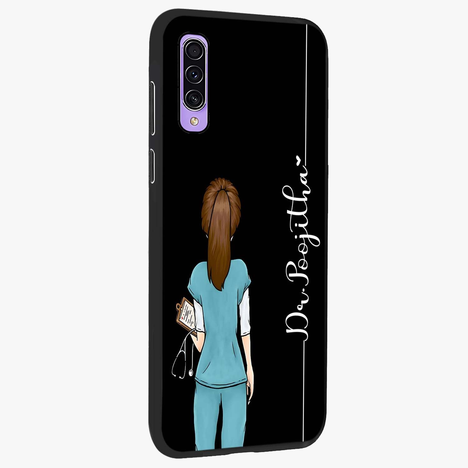 Doctor Pattern Custom Name Glass Case upright view showcasing healthcare themed design with personalized aesthetic.