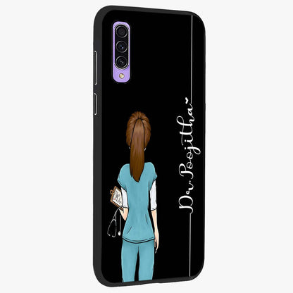 Doctor Pattern Custom Name Glass Case upright view showcasing healthcare themed design with personalized aesthetic.