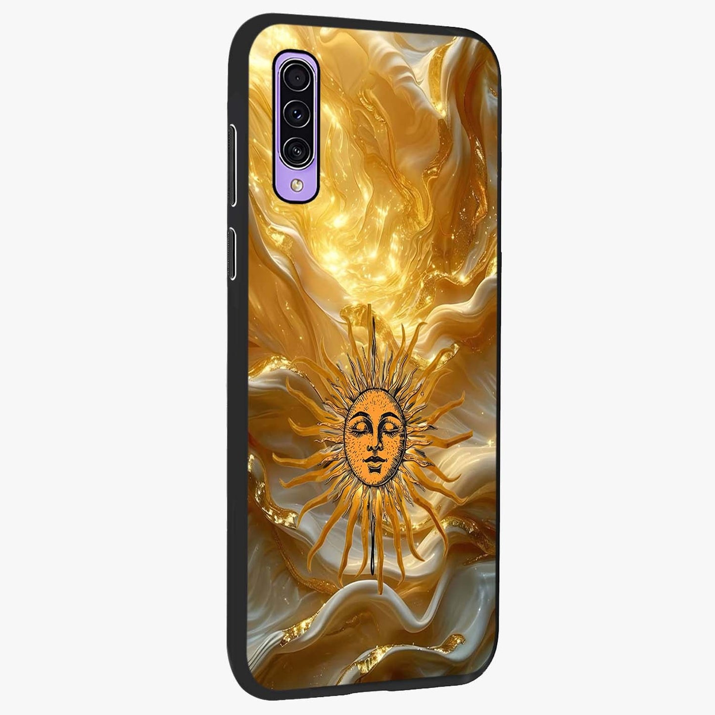 Eternal Golden Glow Glass Case upright view showcasing luminous golden artwork with luxurious visual theme.