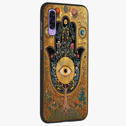 Ethereal Evil Eye Glass Case upright view showcasing celestial evil eye artwork with mystical theme.