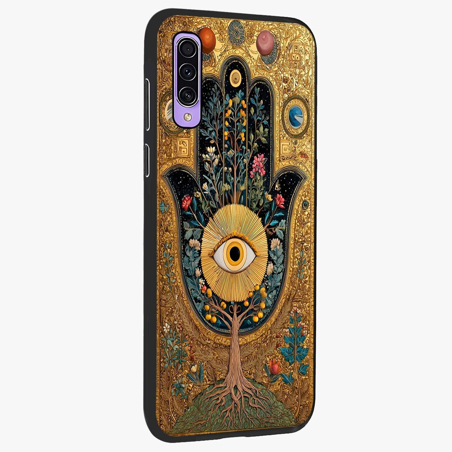 Ethereal Evil Eye Glass Case upright view showcasing celestial evil eye artwork with mystical theme.