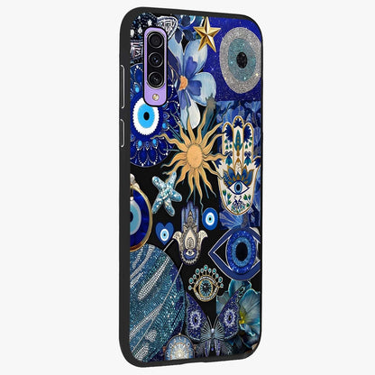 Evil Eye Charm Mix Glass Case upright view showcasing mystical evil eye pattern with vibrant decorative style.