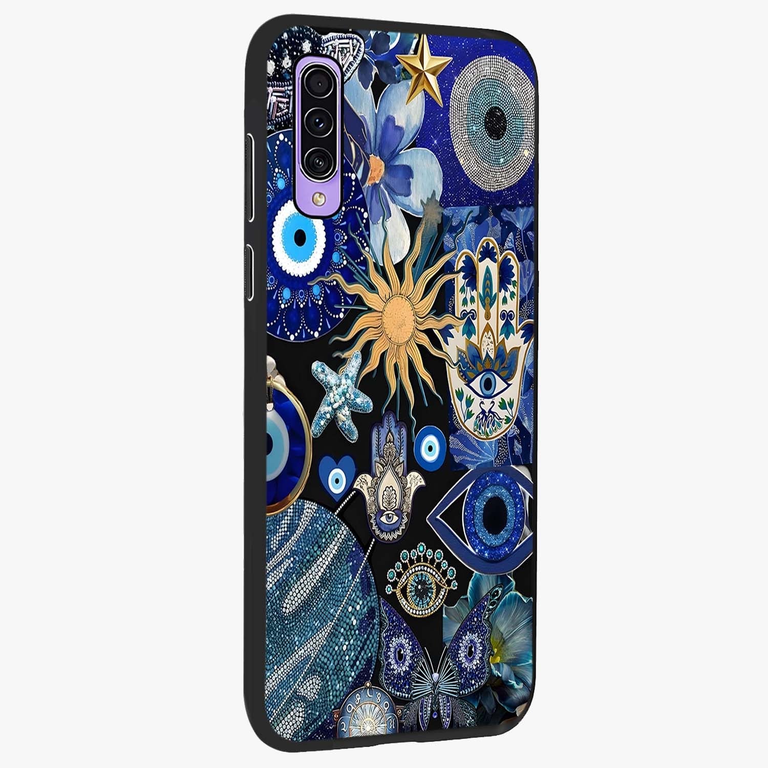 Evil Eye Charm Mix Glass Case upright view showcasing mystical evil eye pattern with vibrant decorative style.