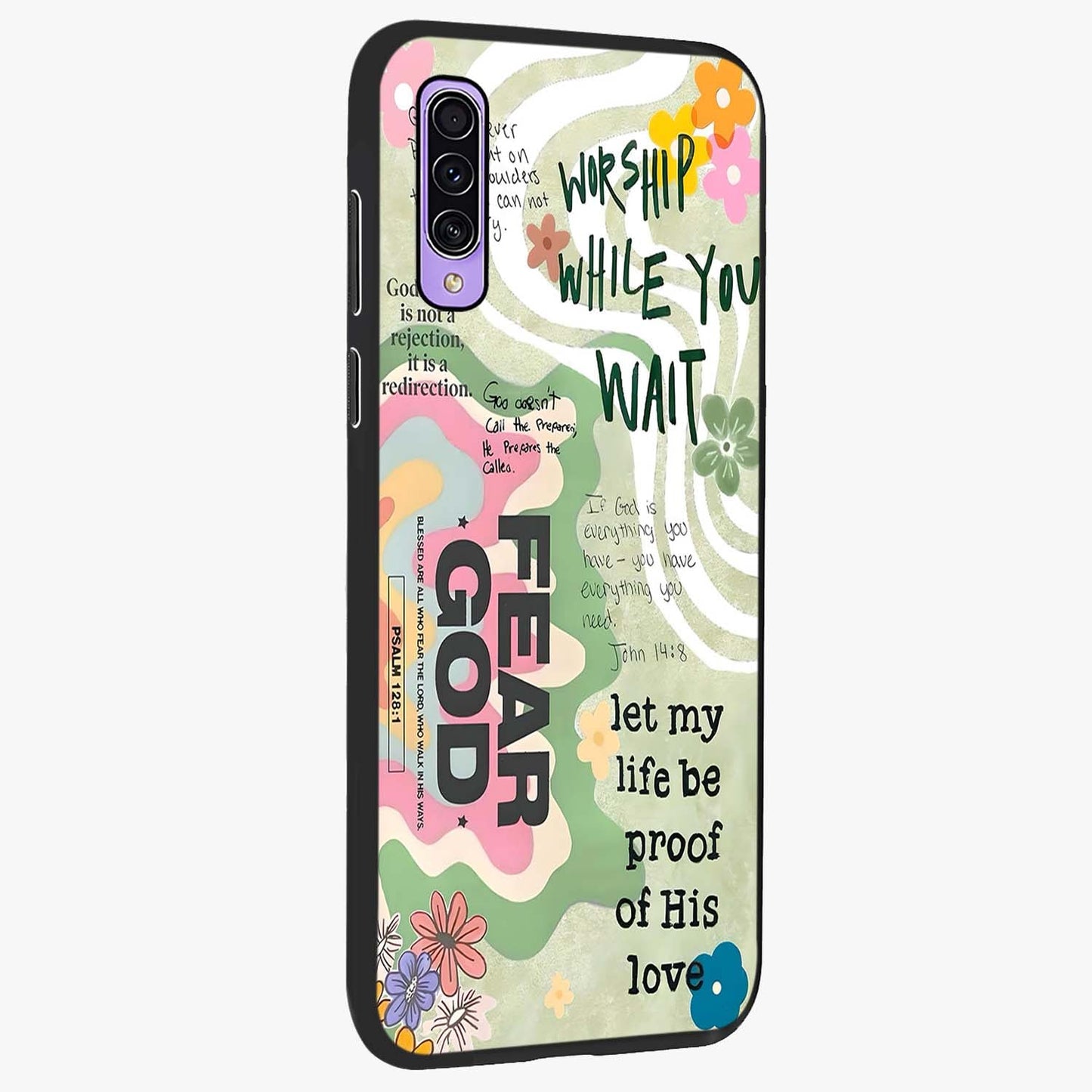 Faith Over Fear Glass Case upright view showcasing bold typography artwork with uplifting motivational theme.