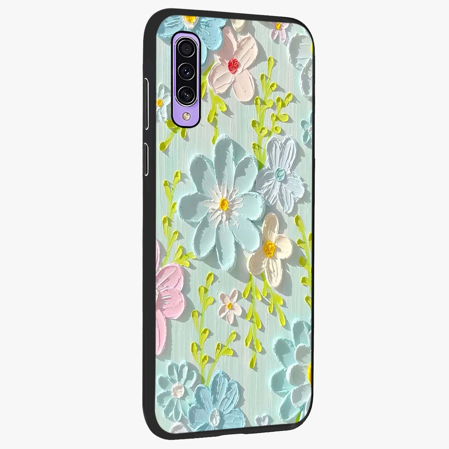 Frosted Petal Garden Glass Case upright view showcasing elegant floral garden artwork with soothing pastel theme.