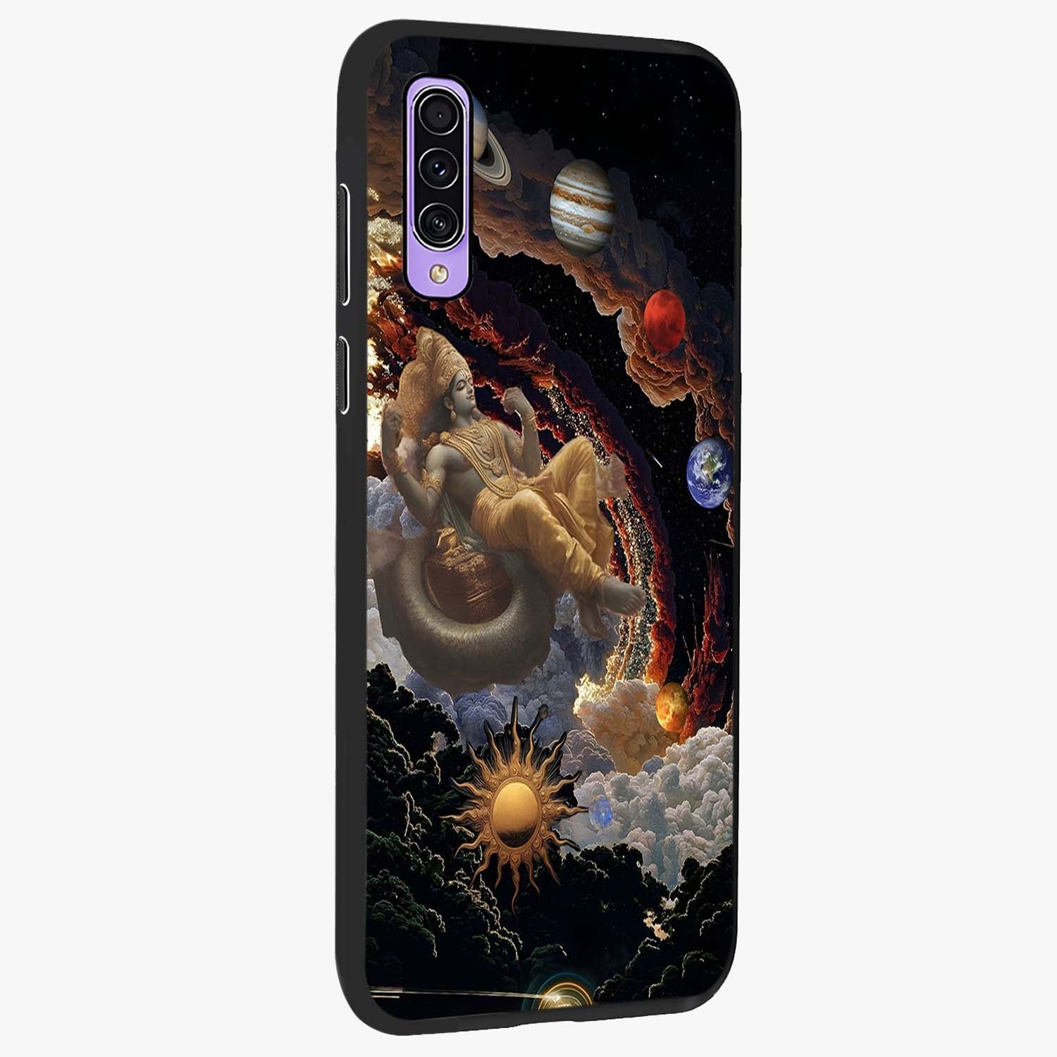Galactic Divine God Glass Case upright view showcasing mystical divine artwork with dramatic cosmic theme.