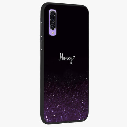 Glittery Purple Bokeh Custom Name Glass Case upright view showcasing vibrant purple sparkle artwork with personalized aesthetic style.