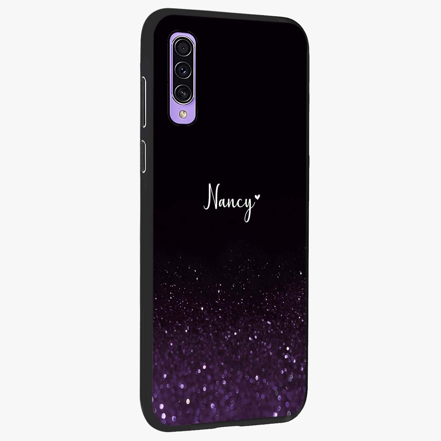 Glittery Purple Bokeh Custom Name Glass Case upright view showcasing vibrant purple sparkle artwork with personalized aesthetic style.