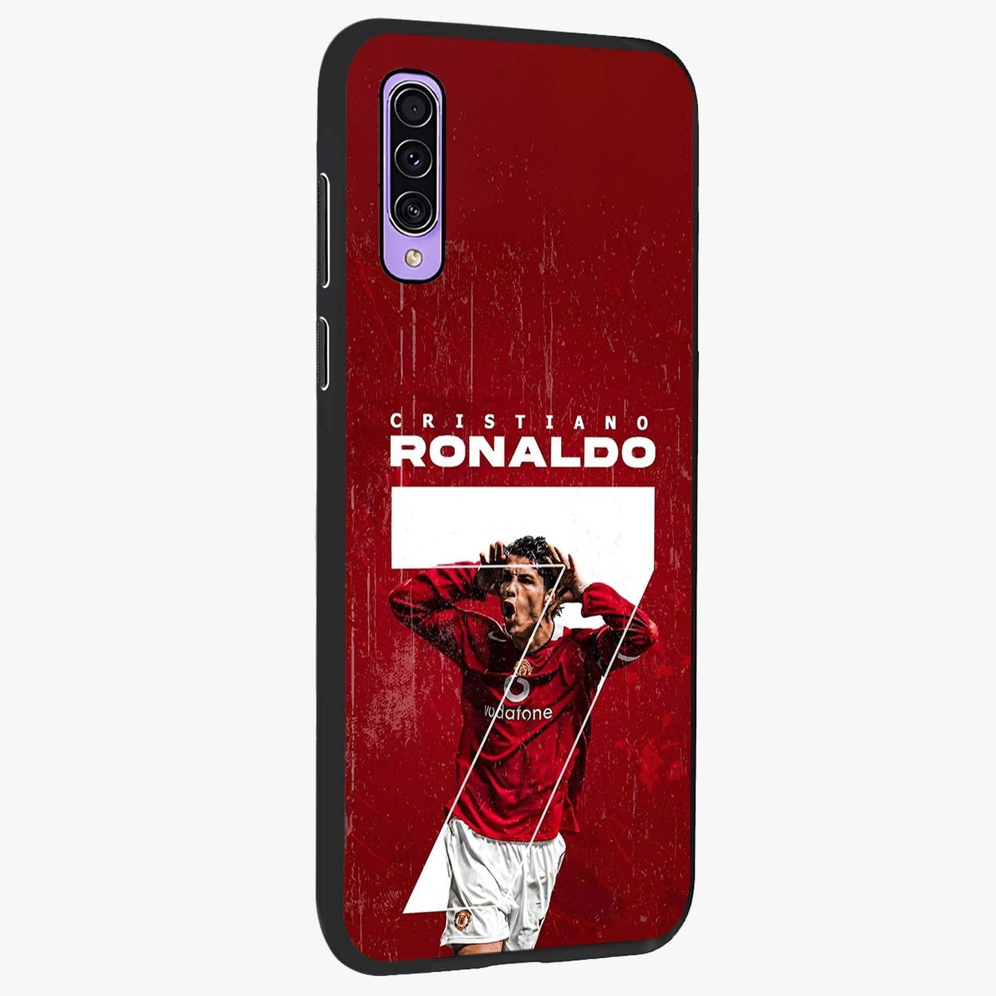 Goal Celebration Legacy Glass Case upright view showcasing dynamic football inspired artwork with victory celebration aesthetic.
