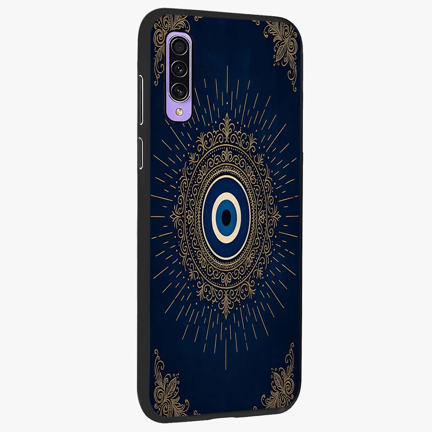 Golden Celestial Charm Glass Case upright view showcasing radiant celestial artwork with elegant golden theme.