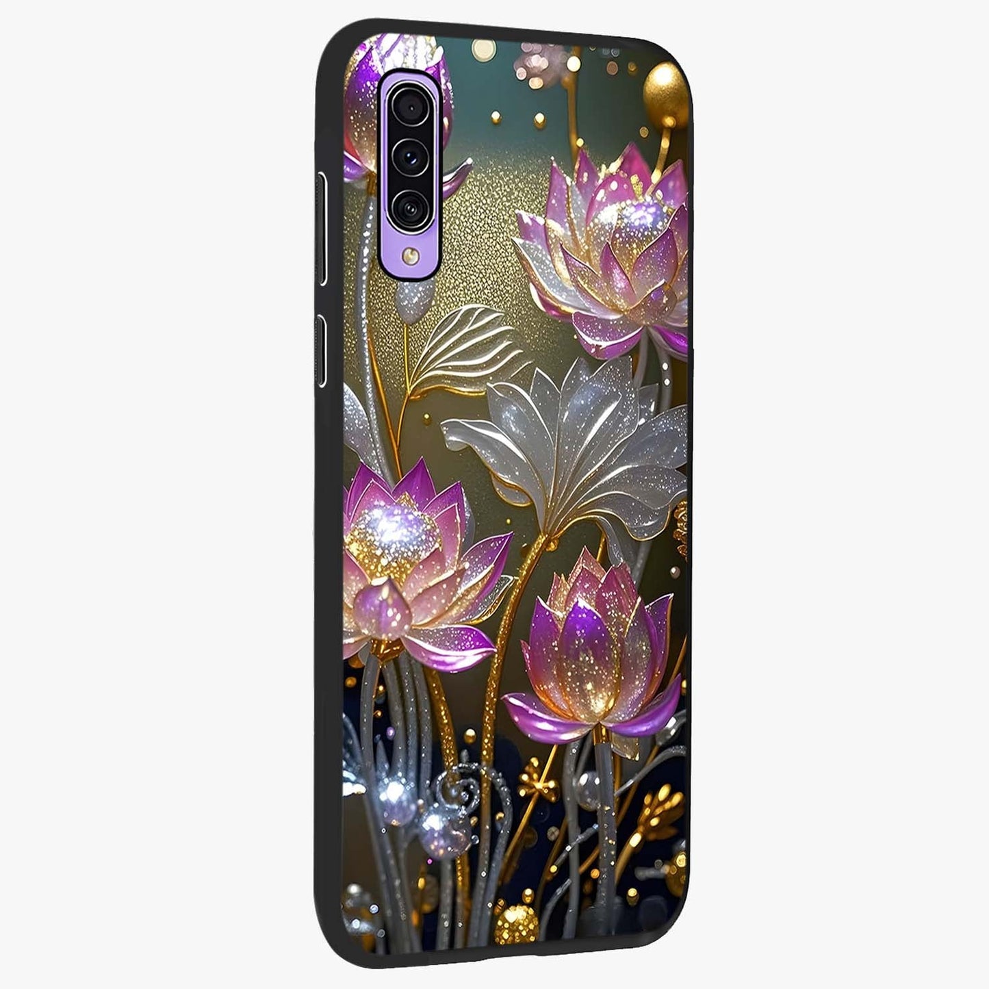 Golden Floral Majesty Glass Case upright view showcasing majestic floral artwork with rich decorative theme.