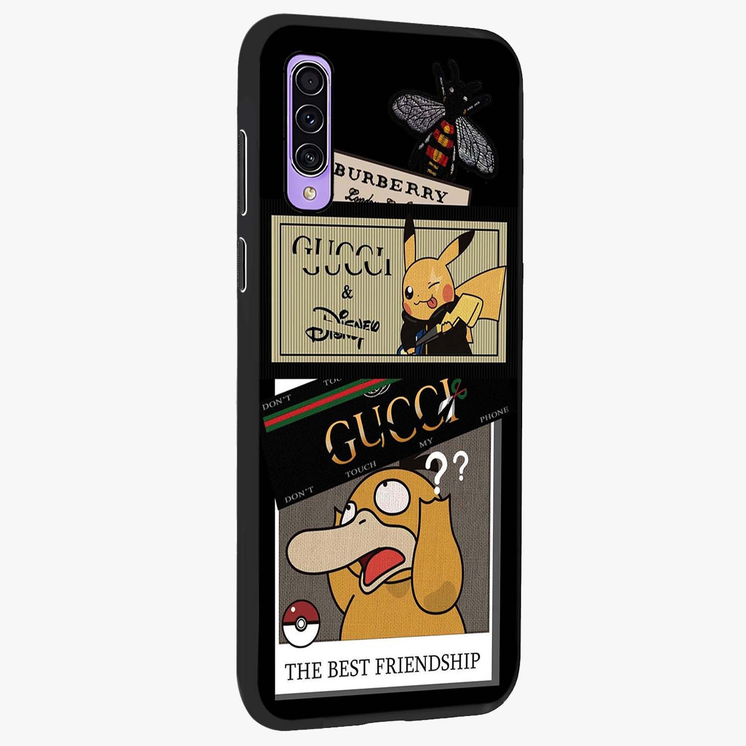 Gucci Play Mashup Glass Case upright view showcasing trendy luxury inspired artwork with modern fashion theme.