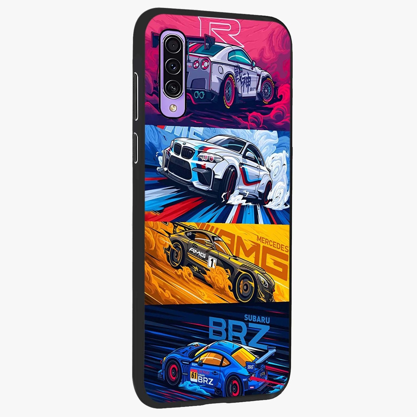 JDM Sports Car Glass Case upright view showcasing dynamic sports car artwork with bold racing theme.