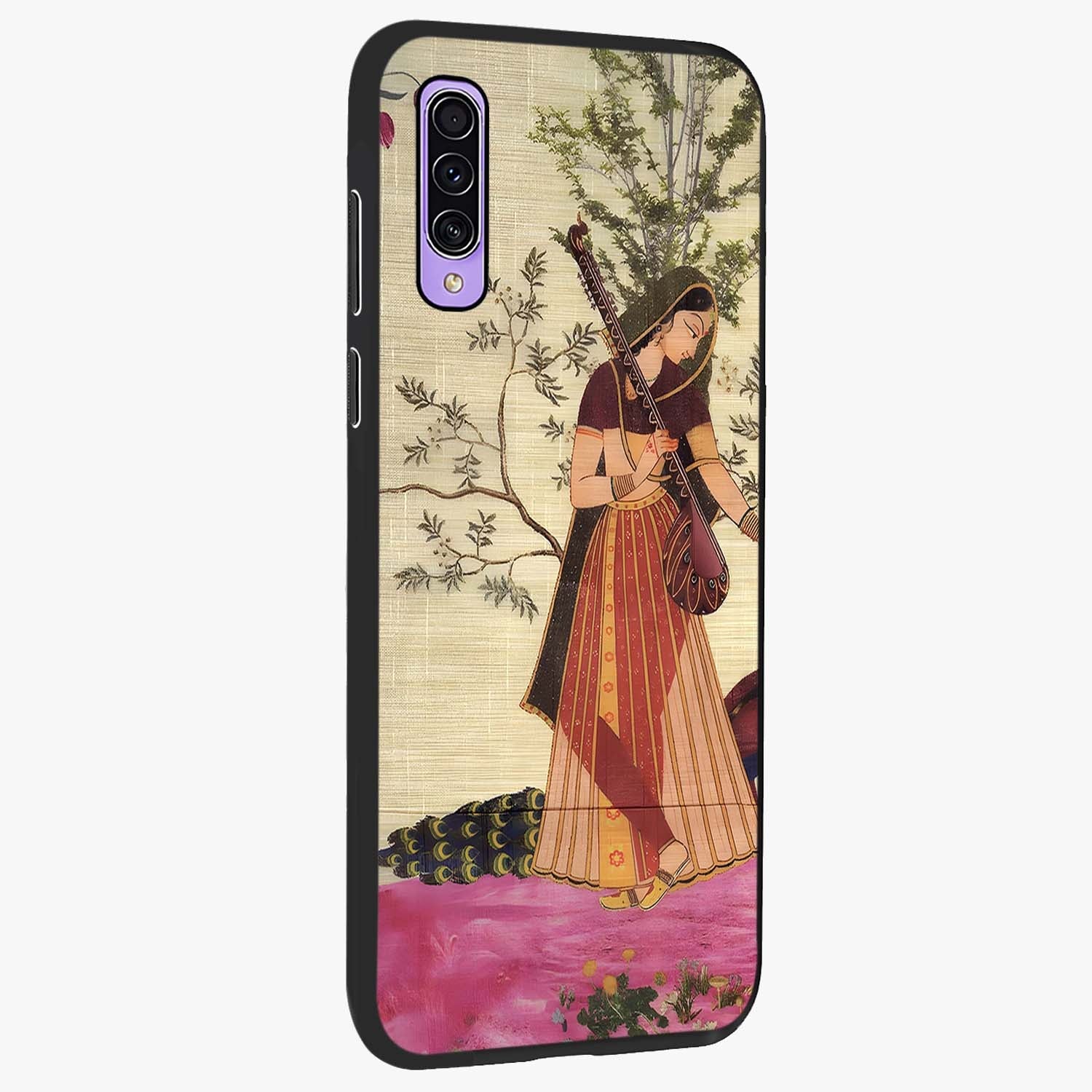 Lady With Veena Art Glass Case upright view showcasing classical veena artwork with traditional artistic theme.