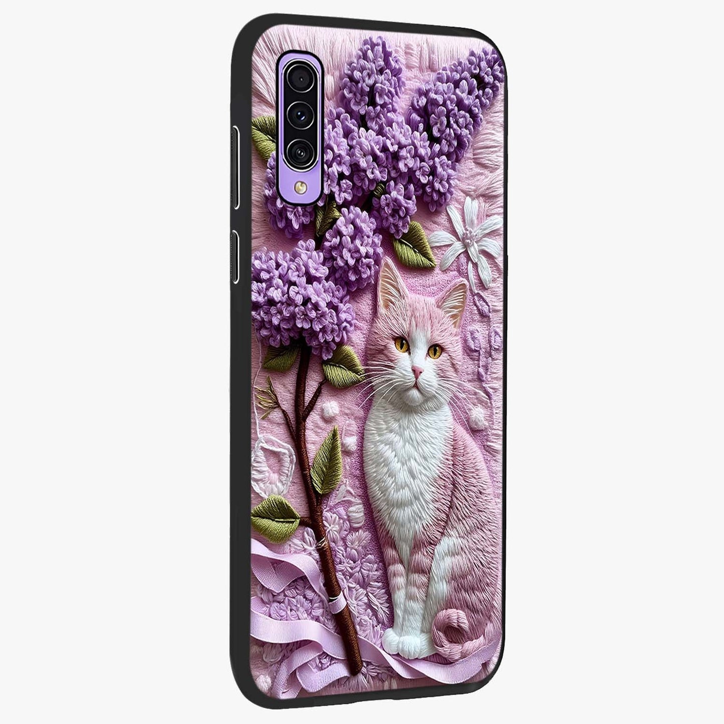 Lavender Cat Whimsy Glass Case upright view showcasing charming cat artwork with whimsical lavender theme.