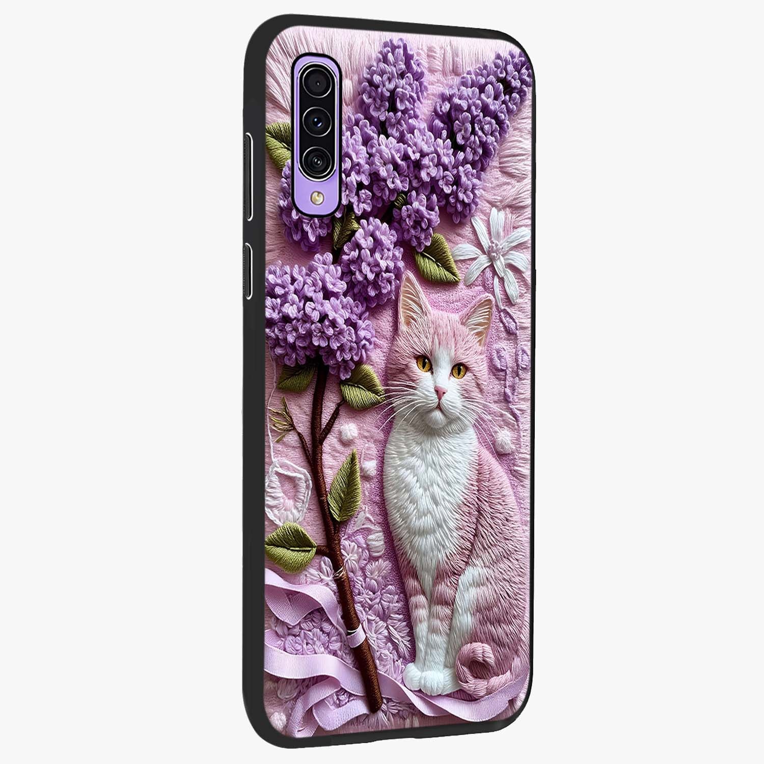 Lavender Cat Whimsy Glass Case upright view showcasing charming cat artwork with whimsical lavender theme.