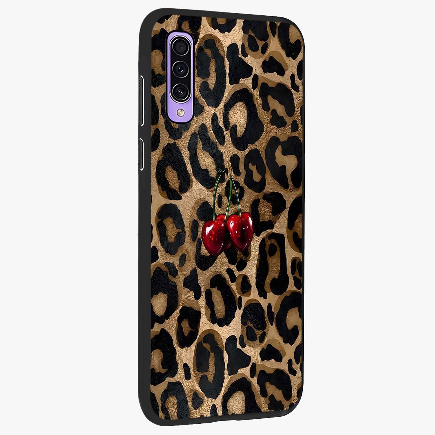 Leopard Wild Cherry Glass Case upright view showcasing stylish leopard pattern artwork with trendy fashion theme.