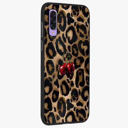Leopard Wild Cherry Glass Case upright view showcasing stylish leopard pattern artwork with trendy fashion theme.
