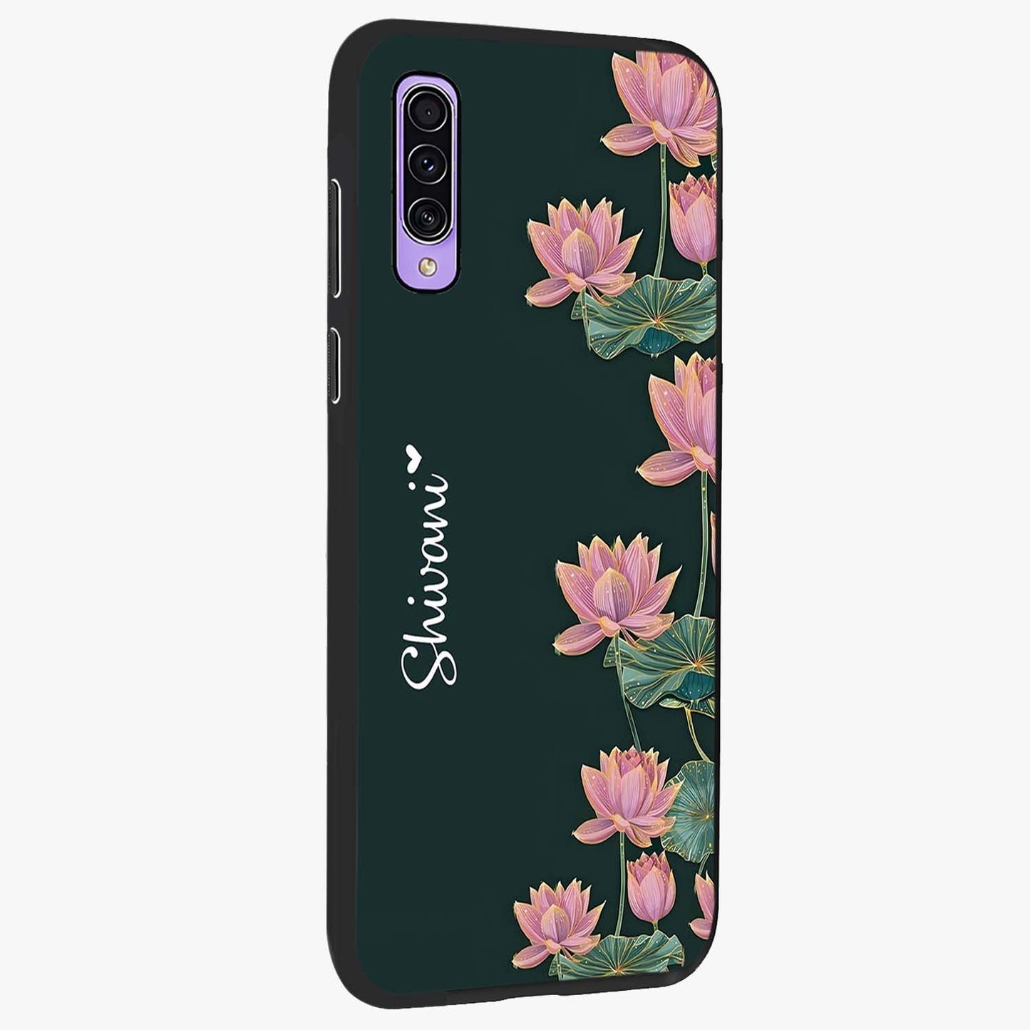 Lotus Bloom Serenity Custom Name Glass Case upright view showcasing serene lotus bloom artwork with personalized floral aesthetic.