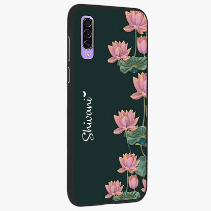 Lotus Bloom Serenity Custom Name Glass Case upright view showcasing serene lotus bloom artwork with personalized floral aesthetic.
