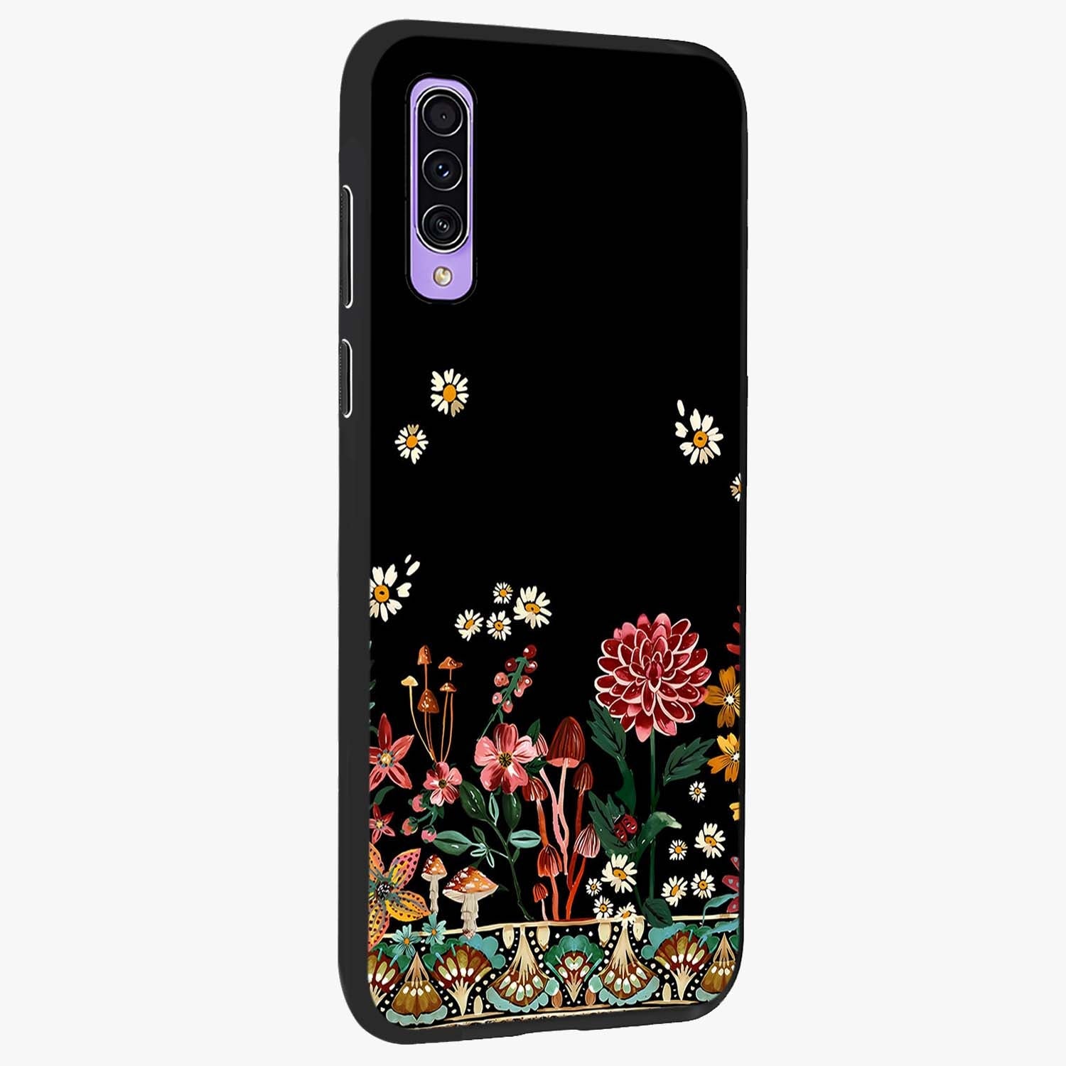 Midnight Bloom Pattern Glass Case upright view showcasing decorative floral artwork with deep night themed palette.