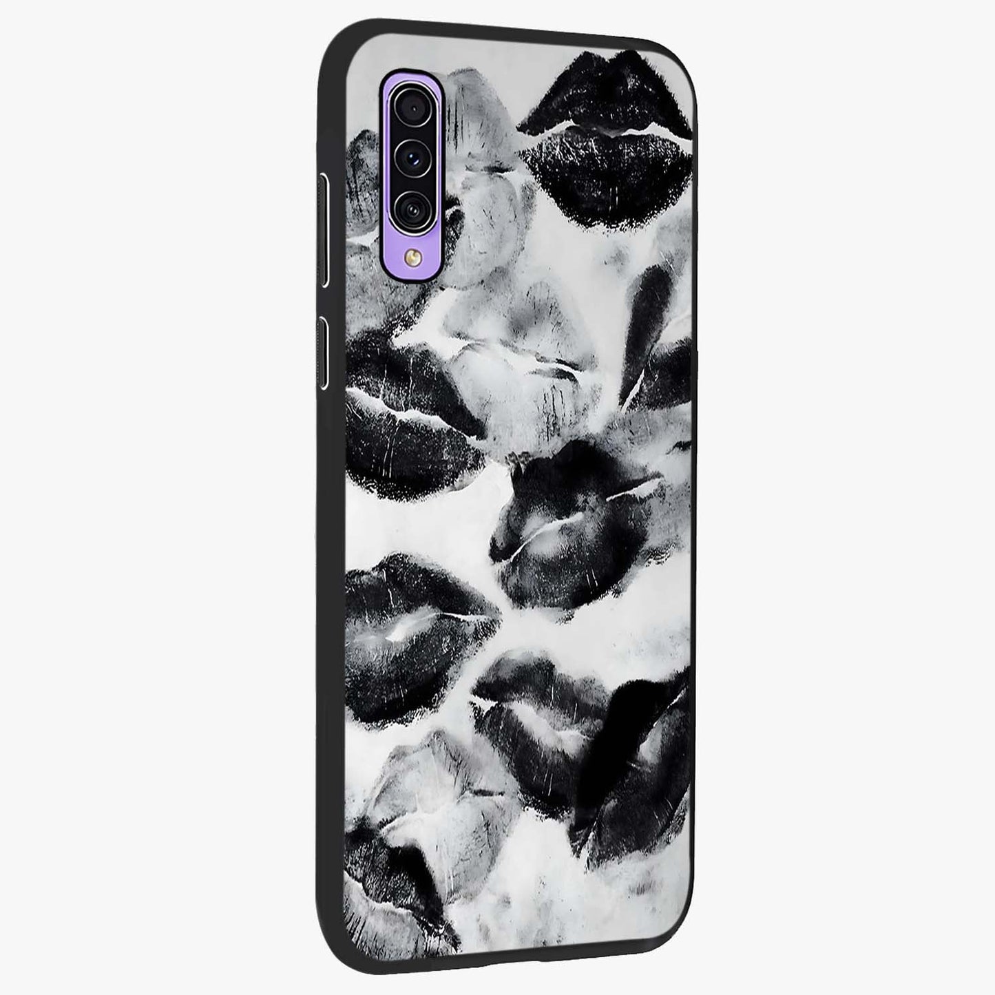 Midnight Kiss Marks Glass Case upright view showcasing stylish kiss mark artwork with trendy romantic theme.