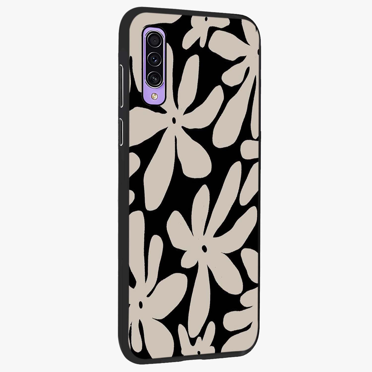 Monochrome Petal Dance Glass Case upright view showcasing artistic floral pattern with stylish monochrome theme.