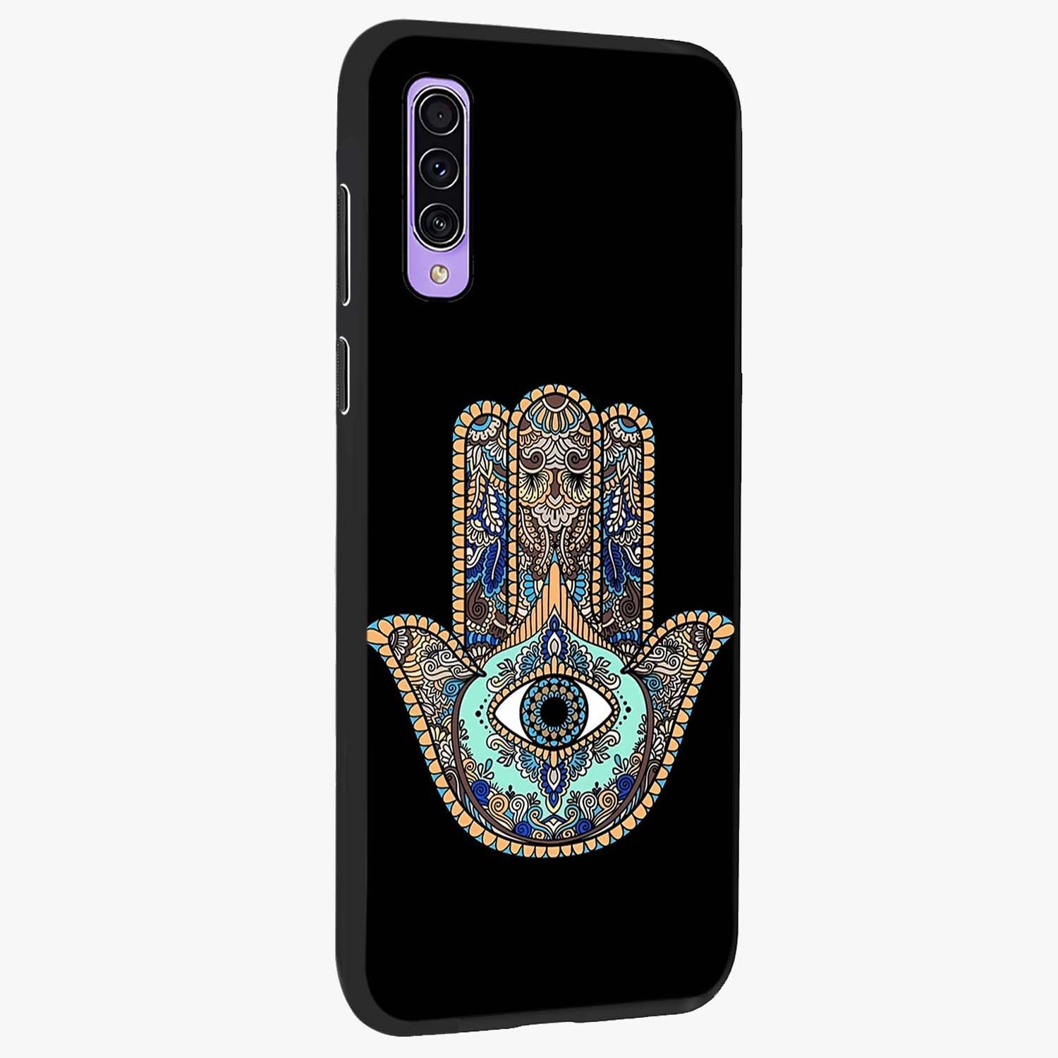 Mystic Hamsa Eye Glass Case upright view showcasing detailed hamsa eye artwork with protective spiritual theme.