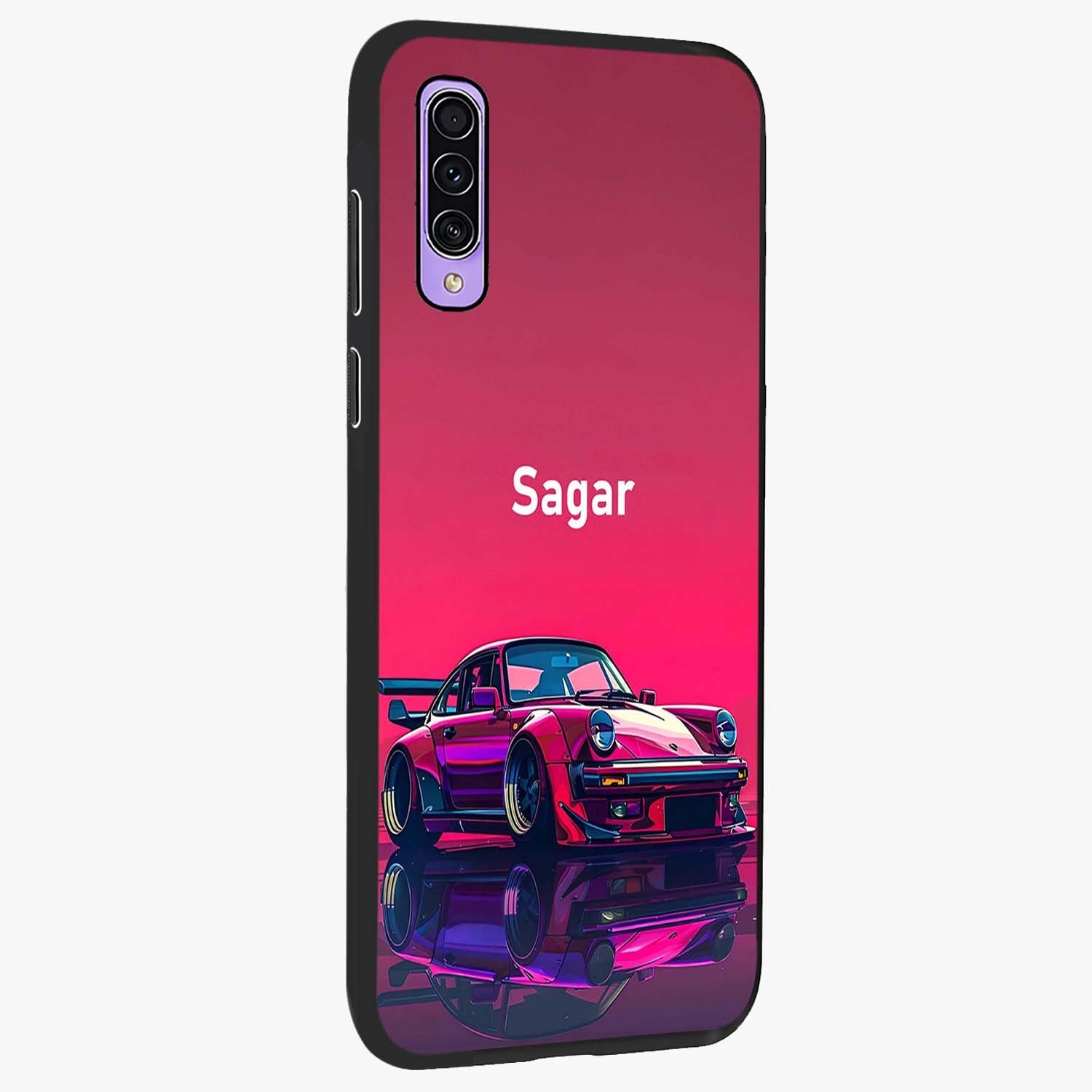 Neon Pink Porsche Glass Case upright view showcasing vibrant sports car artwork with bold automotive theme.