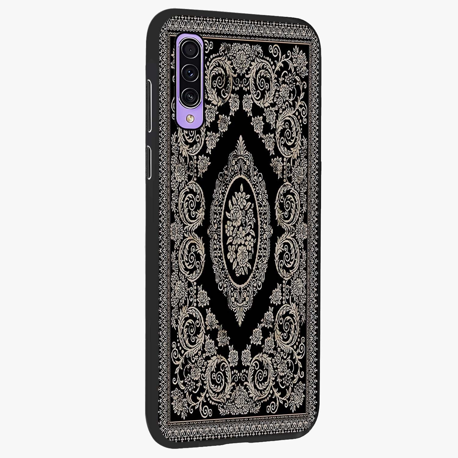 Noir Bloom Elegance Glass Case upright view showcasing graceful floral artwork with luxurious dark theme.